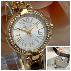 Michael Kors Mini Laney Crystal Accented Bezel Gold-Tone Bangle Watch